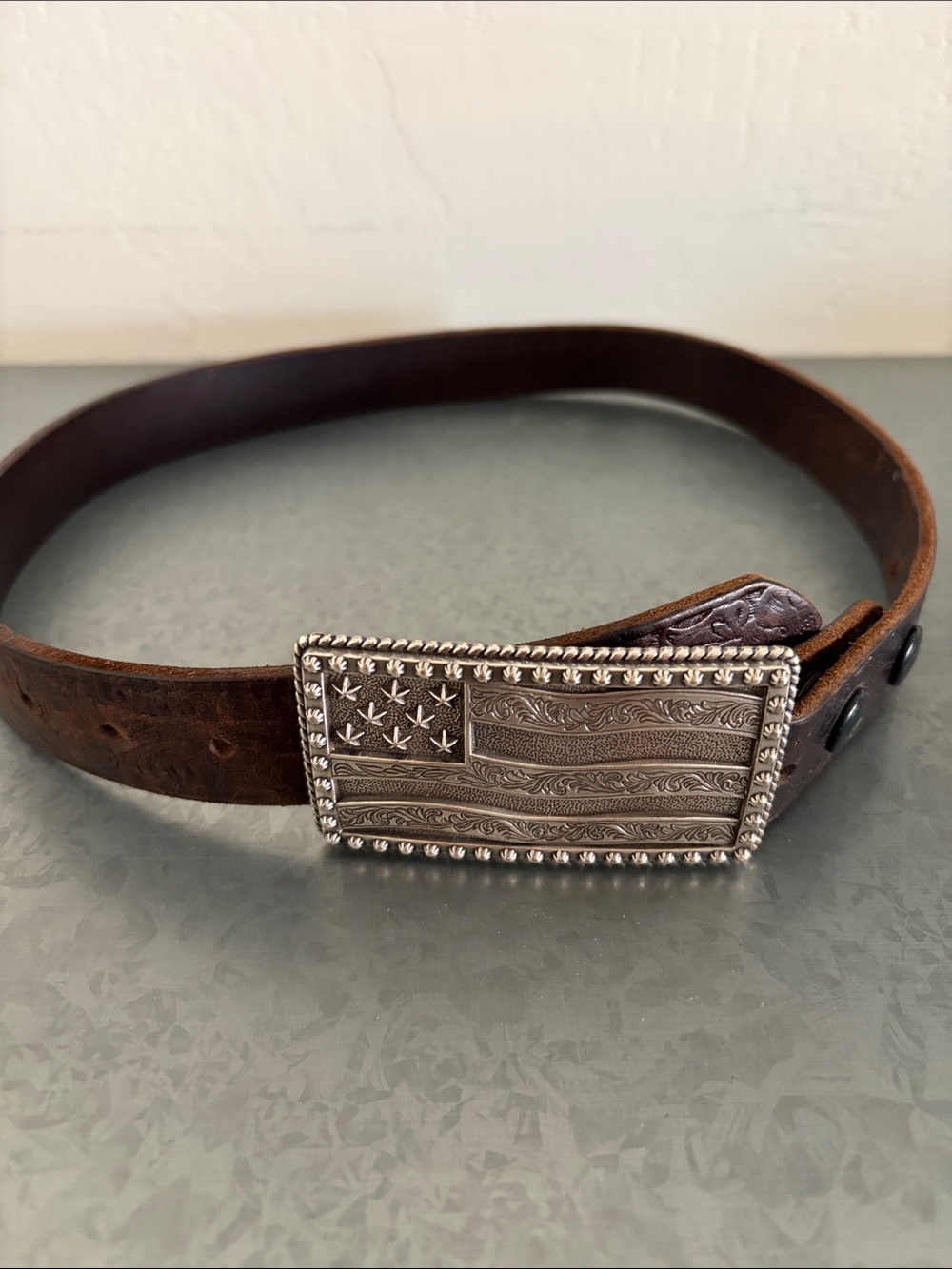 Handmade Brown Leather Western Belt American Flag Buckle Approx 35”
